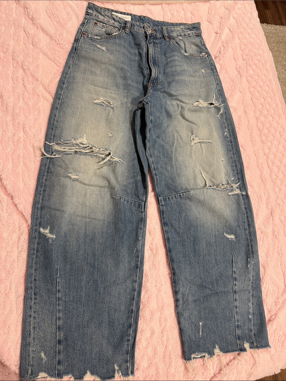 Zara Light Blue Distressed Relaxed Wide-Leg Jeans